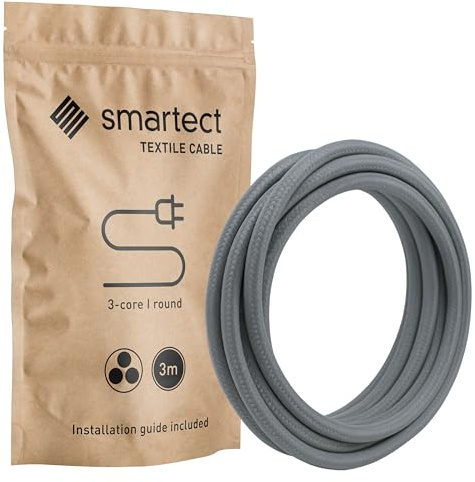 smartect Textilkabel 3-Adrig (3 x 0.75 mm²) Dunkelgrau, 3 Meter | Vintage Lampenkabel Stoff, Stromkabel textilummantelt für eigenes DIY Projekt