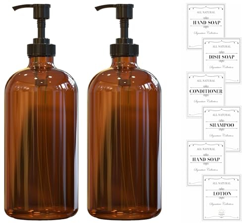 Sunrise Premium Amber Glass Soap Dispenser with Plastic Pump, 16 Oz Pack of 2 Brown Dish and Hand Soap Dispenser Set Refillable Reusable Apothecary Soap Pump Dispenser bottles for Bathroom and Kitchen