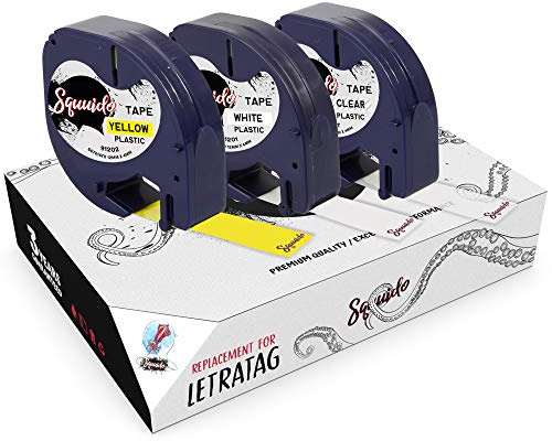 Squuido 3 Kassetten Schwarz auf Transparent/Weiß/Gelb Schriftbander 12mm x 4m Kunststoff kompatibel mit Dymo LetraTag LT-100H LT-100T LT-110T Plus 2000 QX50 XR XM