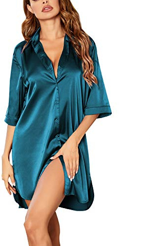 Ekouaer Chemise de Nuit Femme Satin 3/4 Manches Longues Ete Grande Taille Sexy Chic Courte Vêtements de Nuit Femme, Bleu-Vert, XXL