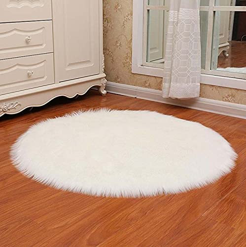 Rund Faux Lammfell Schaffell Teppich Super weich Modern Fellteppich Deko Fell Teppiche für Kinderzimmer Wohnzimmer Stuhl Couch rutschfest (Weiß,100x100cm)