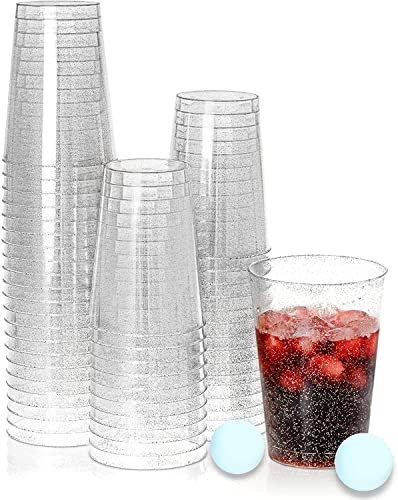 KAHEIGN 50Pcs Partybecher Plastik Schnapsgläser mit Silberglitter, 300ml Dessertschalen Plastik Runde Dessertbecher Klare Wiederverwendbare für Whiskey Pudding Mousse Party (7,5 x 9,5cm)
