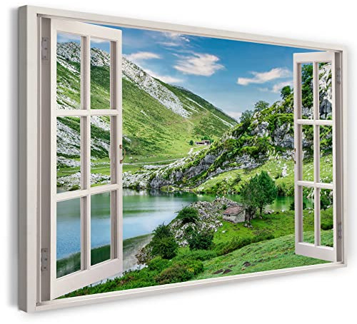 Printistico Bilder Fensterblick 80x60cm Baumwoll-Leinwand auf Keilrahmen mit Aufhänger moderner Kunstdruck XXL Wandbilder Wand-Dekoration Berg See Landschaft Grün Natur - Natur-Fotografie