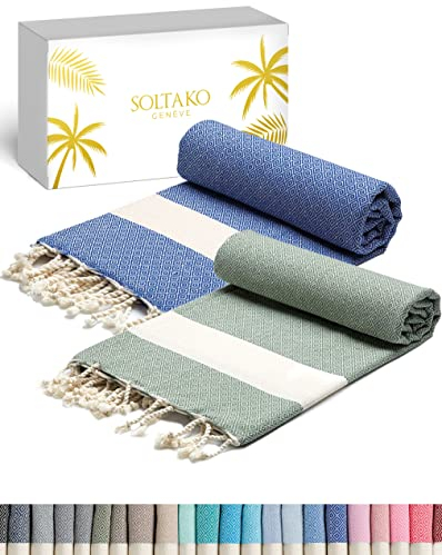 SOLTAKO Toalla Playa - Fouta Peshtemal XXL - Juego de 2 Toallas de 100% Algodón Turco Grande - Toalla de Hammam para Sauna Playa Fitness Yoga Deporte - Superabsorbente y Ligera (100 x 200 cm)