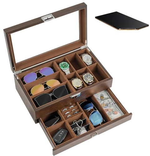 ProCase Uhrenbox aus Holz mit 6 Fächern, Uhren und Sonnenbrillen Aufbewahrung mit 2 Ebenen, Schmuckkästchen für Herren, Uhrenkasten mit Glasdeckel -Espresso