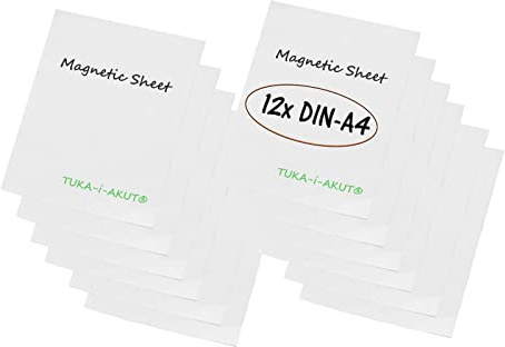 TUKA-i-AKUT 12x A4 Magnetfolie zum Beschriften und Zuschneiden, Flexibel Magnet Tafelfolie Magnetplättchen Gummimagnet, Werbelehrmagnet Magnetische Etikett Plakat, 12er Set Weiß, TKD9040-white-A4-12x