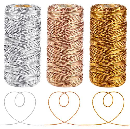 Anvin 328 Meter Wickelschnur, metallische Bäckergarn, dekorative Verpackungsschnur, Kunst und Handwerk, DIY-Etiketten, Ornamente zum Aufhängen (3 Stück, Gold, Silber und Roségold)