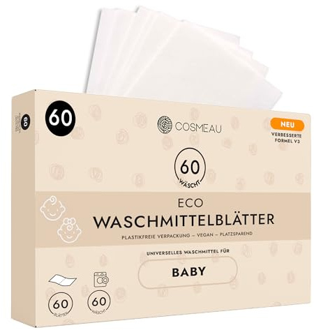 Cosmeau Waschmittel Blätter Bergamotte für Babies - bis zu 60 Waschgänge (60 Blätter) - Nachhaltiges Waschmittel für Weiß, Farbe und Schwarz - Plastikfrei, Biologisch Abbaubar