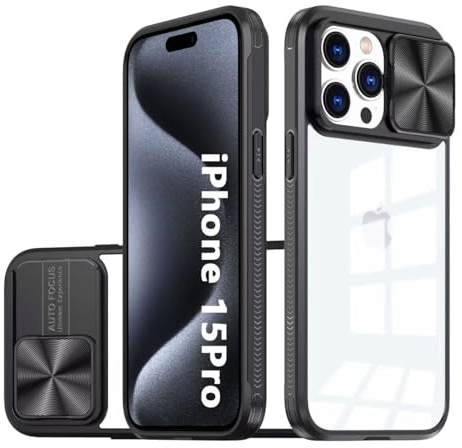 LIUKM Cover per iPhone 15 Pro Custodia, Scorrevole Protezione Fotocamera Ultra Sottile Leggero Hard PC Back Cover e TPU Bumper Protettiva Case [Antiurto Antiscivolo AntiGraffio] - Nero