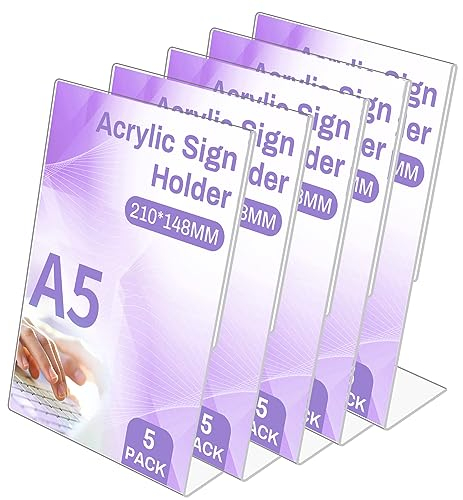 Sagreeny 5 Pezzi Espositore A5, Espositore da Tavolo Inclinato a Forma di L, Porta Menu in Acrilico Trasparente, per Ristoranti, Banco da Tavolo Ufficio Negozio
