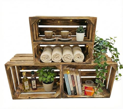 Teramico Vintage Holzkisten 40x30x25cm (3er Set mit Boden Lang) | Geflammte Vintage Holzkisten als stilvolles Regal, zur praktischen Aufbewahrung, zur Dekoration oder als schöne Geschenkkiste
