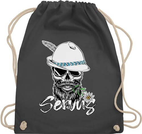 Turnbeutel Rucksack - Kompatibel mit Oktoberfest Tasche - Servus Totenkopf Skull Bayrisch - Unisize - Dunkelgrau - trachtenrucksack bayrische taschen trachtentaschen bayern beutel oktoberfest-tasche
