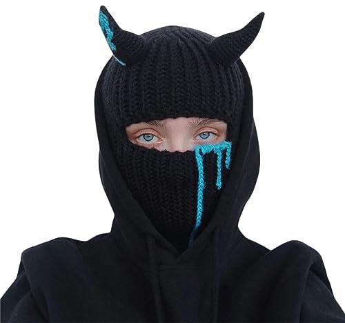 Achlibe Halloween Strick Sturmhaube Hut Erwachsene Kreative Teufel Kuh Hörner Winter Warm Full Face Skimaske Beanie Cap Facewear, A-Black Blue Silk, Einheitsgröße
