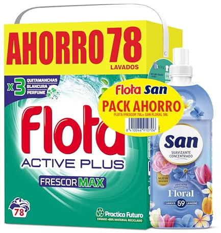 FLOTA | PACK Frescor Max + SAN | Detergente Lavadora en Polvo Frescor Max 78 lavados + Suavizante Ropa Líquido Concentrado 59 Lavados| Ropa Blanca y de Color | Antimanchas y Antiolores