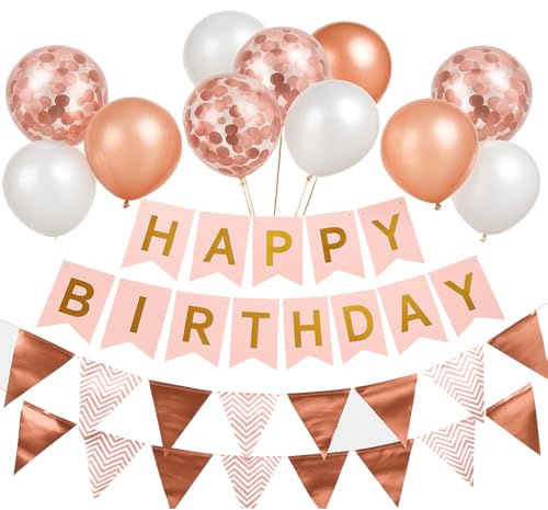 Buygain Happy Birthday Banner, Rose Gold Birthday Decoration - Birthday Decor With 12inch Happy Birthday Balloons, Ribbons and Birthday Banners, Happy Birthday Decorations for Women and Girls