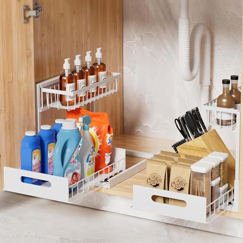 Aoresac Lot de 2 Rangement Sous Évier, Métal Organisateur sous Evier Tiroir Coulissant à Extraction 2 Étages Forme en L, Rangement Et Organisation de Cuisine (Blanc)