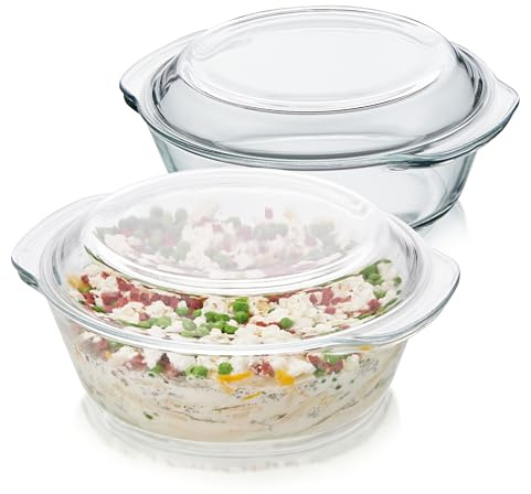 KHG Auflaufformen Glas mit Deckel 2er-Set 2 L, vielseitig einsetzbar | Rund für kalte & warme Speisen, spülmaschinenfest, mikrowellengeeignet, Glasbräter Glasform Backform, 26x11x23 cm