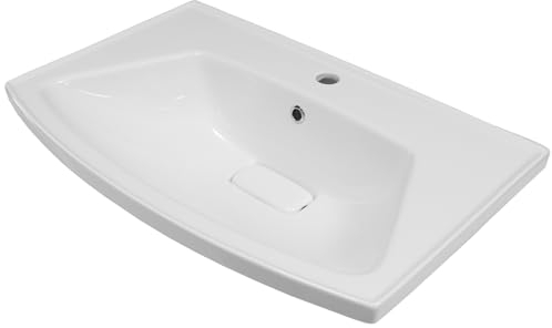 Keramik Einbauwaschbecken Blanc 70cm Breit Weiß | gekurvte Form mit Hahnloch & Überlauf| 70x46 cm | Waschbecken Gästewaschbecken Handwaschbecken Badezimmer WC