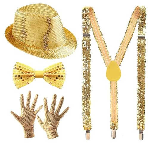 4 Pièces Accessoires à Paillettes Pour Homme,Chapeau Melon à Paillettes,Bretelles Scintillantes,Nœud à Paillettes et Gants,Convient Pour Les Fêtes Costumées,Les Rave Parties,Les Cosplay Parties