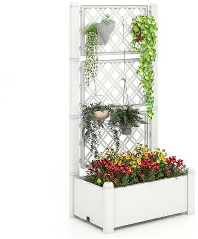 COSTWAY Fioriera con Traliccio a 3 Altezze, Letto Rialzato da Giardino Autoirrigante con Indicatore di Livello dell'Acqua, Divisori Rimovibili & Foro di Drenaggio per Piante Rampicanti (Bianco)