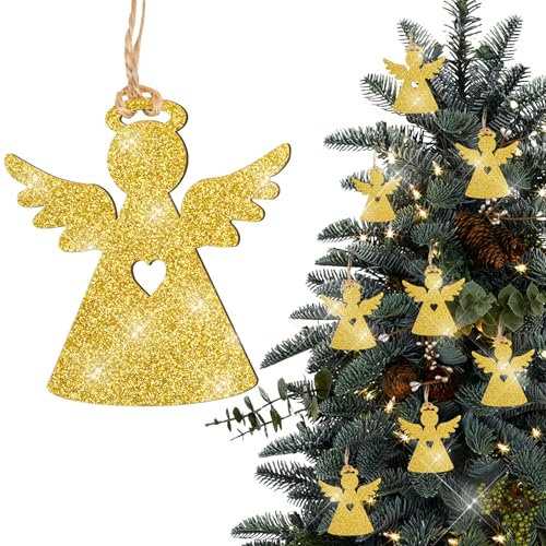 12pcs Adornos Madera Ángel para Árbol de Navidad Adornos Colgantes Navideños con Purpurina Decoración Árbol de Navidad Madera (Dorado)
