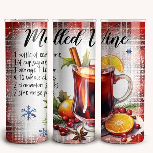 Eali88fa Christmas Mulled Wine 20oz Skinny Tumbler, Christmas Tumbler, Winter Cocktail Recipe, Mulled Wine Cup Files 20oz Skinny Tumbler - Double Wall Skinny Tumbler with Lid,Gift for Mulled Wine