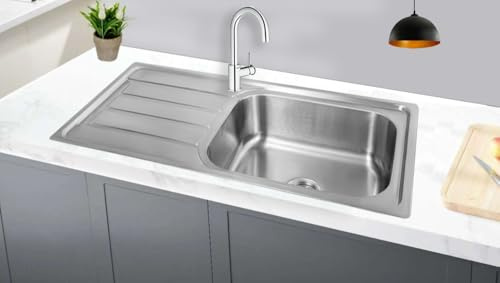 Omeere, 100 x 50, évier de cuisine, en acier inoxydable 304, épaisseur du matériau : 0,8 mm, évier, évier encastré, rectangulaire, 1 bac, XXL 50 x 40 cm (surface latérale gauche)
