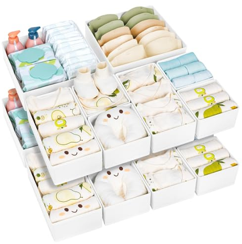 DIMJ Schubladen Organizer Kleidung Baby- 15er Set Faltbare Unterwäsche Kleiderschrank Organizer, Aufbewahrungsbox Stoff Schubladen Ordnungssystem für Hosen, Kleidung, Socken, Weiß | 15 Stück Schubladen-Organizer für Babys, Aufbewahrungsboxen für Kleidung, Hose, Socken, Krawatten, Schals, Weiß