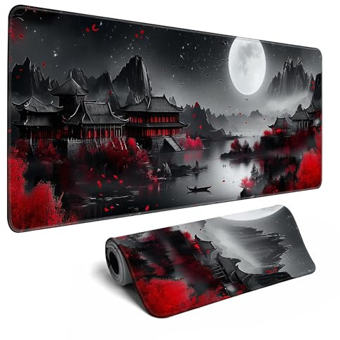 Tapis de bureau japonais Riverside pleine lune Grand tapis de souris de jeu Tapis de souris XL étendu Tapis de clavier d'ordinateur portable Tapis de souris de bureau 80 x 30 cm Décoration de bureau