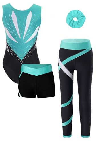 JEATHA Gymnastikdräkt för flickor, gymnastikdräkt för barn, strass, dansbody, balettbody med shorts, leggings, hårband 4 delar, gymnastik, danskläder, balettdräkt, Blå grön, 122-128