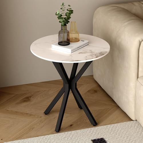 GOLDFAN Table d'appoint Ronde Marbre Blanche Moderne avec Structure en Métal Noir pour Salon, Chambre à Coucher, 50 x 50 x 55 cm