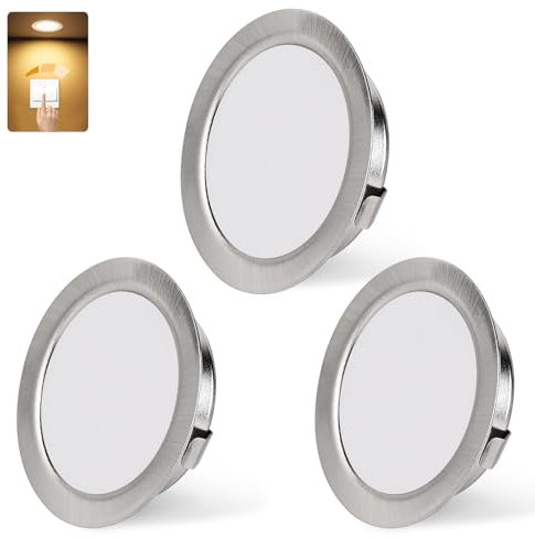 KYOTECH Faretto da incasso a LED, 230 V, dimmerabile, 3 W, 3000 K, luce bianca calda, ultra piatto, 300 lm, foro 55-58 mm e 15 mm, IP44, faretto da incasso per armadio a specchio, in nichel, set da 3