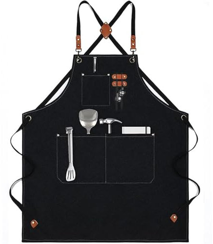 Canvas Work Aprons for Men with Pockets, Adjustable Strap and Large Pockets Apron, Cotton Cross Back Kitchen Apron for Cooking, Baking, BBQ, Art Painting, Gardening, Restaurant, Cafe, Bar, Shop