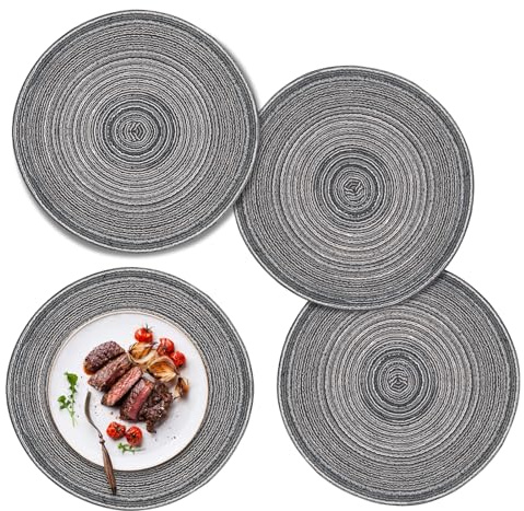 ZYDYRX 4 Stück Tischsets Rund Abwaschbar 30 cm Platzsets Geflochten Hitzebeständig Tischsets Boho Platzset Baumwolle Platzdeckchen Abwaschbar für Speisetisch Küche Hochzeitsfeier Hotel Grau-Schwarz