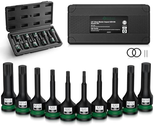JiGiU 1/2 Zoll Kraft Vielzahn Bit Steckschlüssel Satz 10-teilig M5-M18 aus S2-Legierungsstahl Länge 78mm Kraft XZN Bit Einsatz Satz mit Aufbewahrungsbox für Hand- und Schlagschrauber