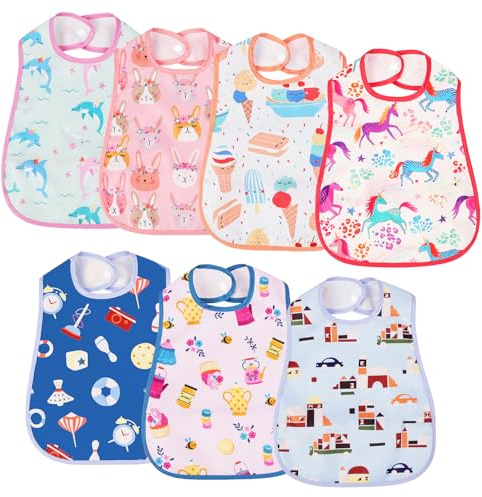 Aolso Baberos para bebé, 7 unidades, baberos impermeables con bolsillo, baberos lavables, jugar y comer pequeños de 6 meses a 3 años - niña