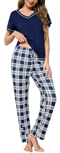 Bresdk Pigiama Donna Estivo in Cotone con Maglietta Manica Corta e Pantaloni Lunghi a Quadri Pigiami Due Pezzi da Donna Scollo a V - Comodo, Leggero e Morbido Blu XL