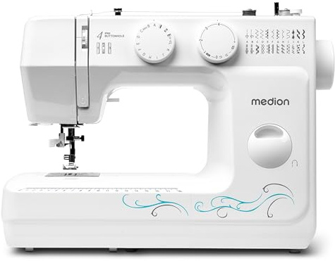MEDION Freiarm-Nähmaschine MD 18205, 60 verschiedene Stichmuster, Knopfloch- und Einfädelautomatik, LED-Nählicht, umfangreiches Zubehör