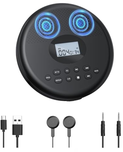 Arafuna Lecteur CD portable avec Bluetooth, batterie rechargeable, lecteur CD personnel pour voiture avec haut-parleurs/casque/écran/antichoc, compact pour la maison, les voyages, prend en charge TF