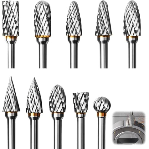 Tungsten Carbide Rotary Burrs Set 10pcs 1/8” Shank Double Cut Rotary Burrs Die Grinder Bits for Metal and Wood Working Grinding Drilling Carving Engraving Polishing Compatible with Dremel Rotary Tool