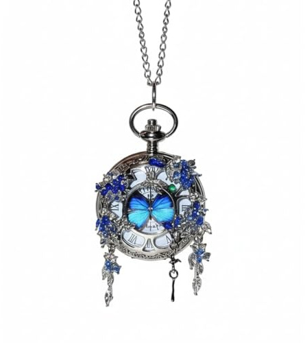 rafonie A Meaningful Butterfly Pocket Watch with Chain, Necklace Watch Pendant with Crystal Charms(Style-B)
