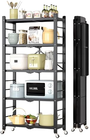 devesanter 5 Tier Kitchen Shelving Metal Storage Shelves Folding Shelf Organiser Mobile Storage Trolley for Kitchen Garage and Laundry Bathroom Tool Organization（Black）