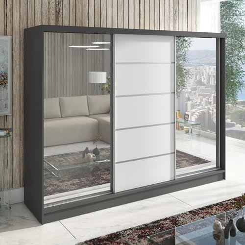 A&J MöbelLand Schwebetürenschrank Taro Kleiderschrank 3-türig mit Spiegel Garderobenschrank 200 cm (Graphit/Weiß)