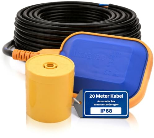 Intratec Schwimmerschalter 20m 250V 16A IP68 – Automatische Wasserstands Steuerung für Wasser Pumpen Tanks & Tauchpumpe – Wassermelder mit einfacher Installation – 3x1mm²