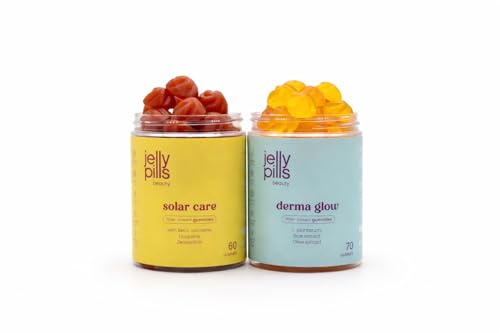 Jelly Pills Pack Préparation Solaire & Soin de la Peau – Solar Care Bêta-carotène + Lycopène et DERMA Probiotiques – 60 + 70 Gummies Véganes – Sans sucres ajoutés – Saveur Fraise et Banane