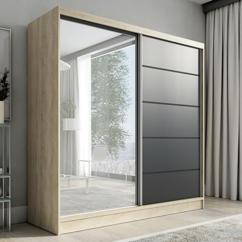 A&J MöbelLand Schwebetürenschrank KARO 2 Kleiderschrank 2-türig mit Spiegel Garderobenschrank 200 cm (Sonoma/Schwarz)