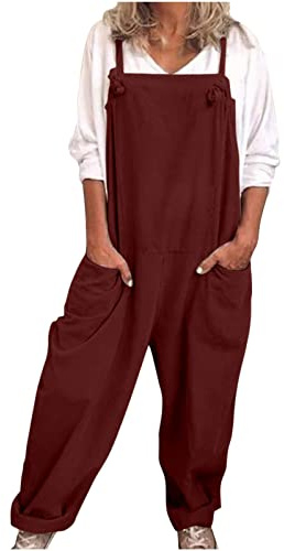 VPQILH Womens Cotton Linen Dungarees Ladies Sleeveless Jumpsuit Adjustable Straps Romper Solid Color Bib Overalls Loose Fit Bodysuit with Pockets Playsuit Summer Jumpsuits Size S-5XL