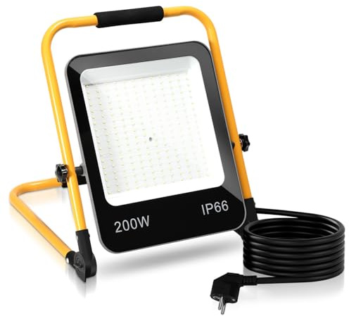 LED Baustrahler, 200W 16000LM Arbeitsleuchte LED Arbeitsleuchte mit Stecker IP66 Wasserdicht Baustrahler mit 3M Kabel, Tragbar für Werkstatt oder Baustelle,Garage 6000K