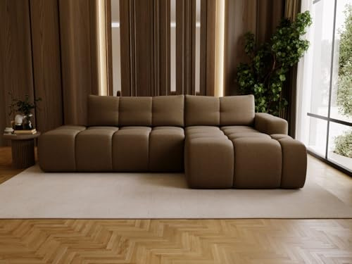 GRAINGOLD Montero L Ecksofa modern mit Bettfunktion, 280x177 cm, L-Form Sofa, Schlafcouch für Wohnzimmer, Bouclé-Stoff, 3-Sitzer Eckcouch, Ecksofa mit Bettkasten (Braun, Rechts)