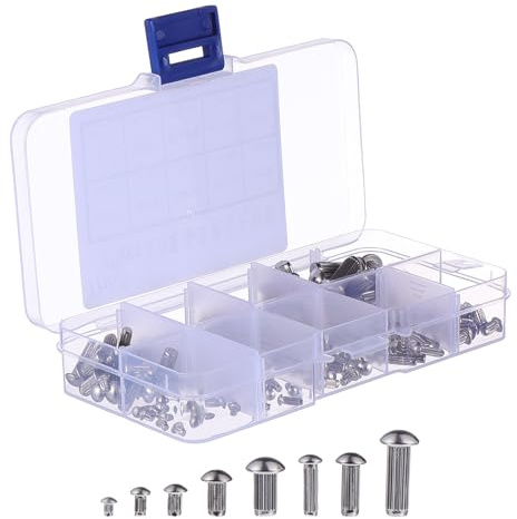 BESPORTBLE Remaches Sólidos de Acero Inoxidable y Embalaje en Caja de Plástico Kit de 160 Cabeza Redonda y Vástago Moleteado, Resistentes Oxidación para Fijación de Placas y Conexiones